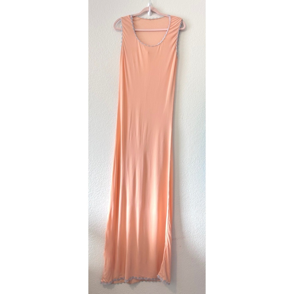 Vintage‎ Peach Sleeveless Maxi Nightgown Slip Dress Blue Floral Lace Trim OS